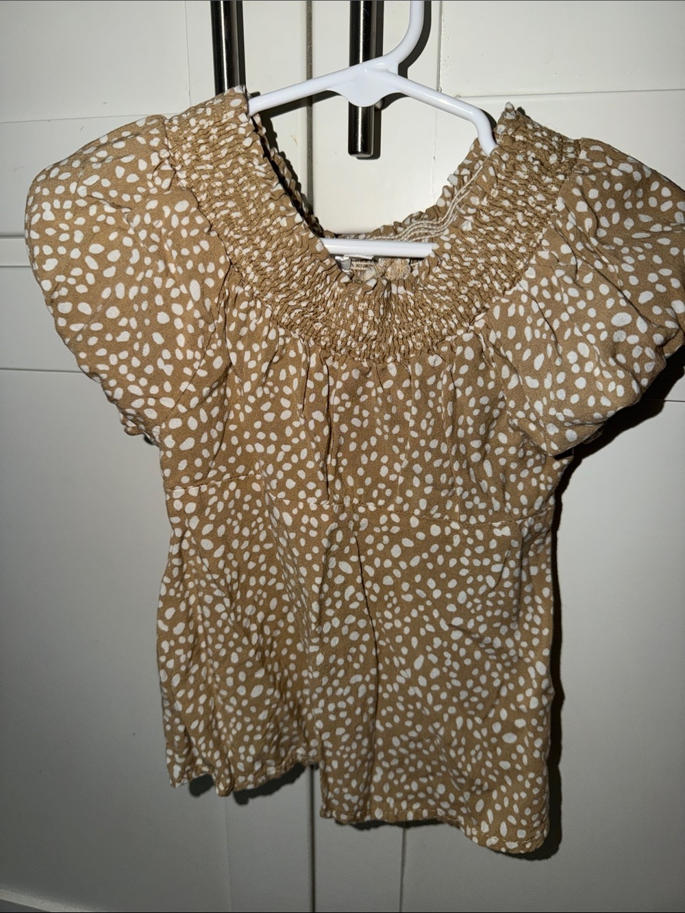 Love Glam Girl Girls Smocked Off-Shoulder Dot Print Top - Tan
